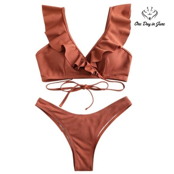 Zaful Other - Plunging Front Knotted Ruffle Bikini